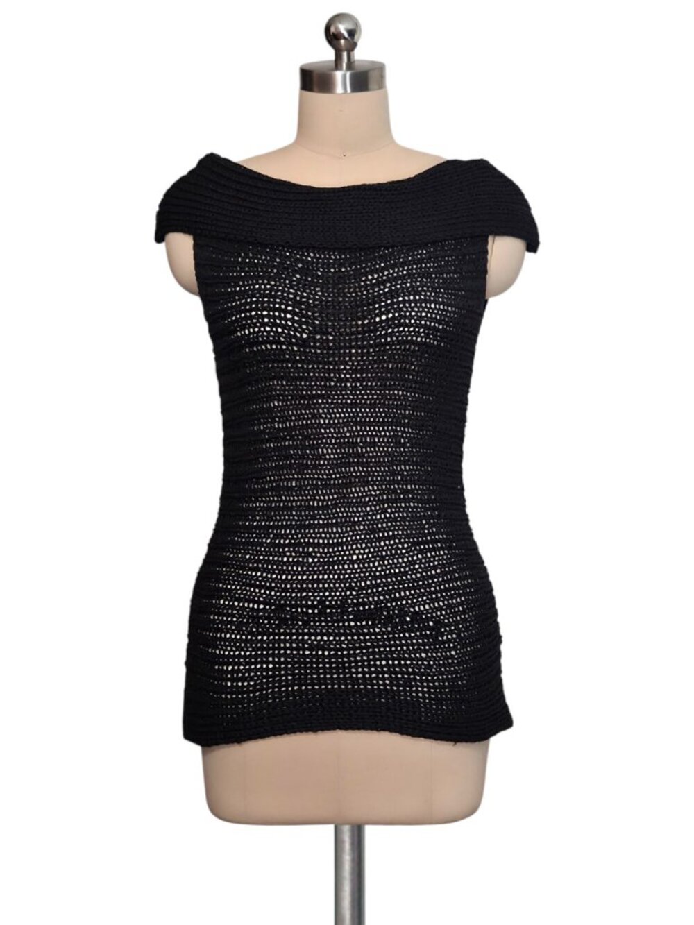 Vintage 90's Y2K POW WOW  Black Silk Sleeveless Chunky Knit Sweater Top Boatneck